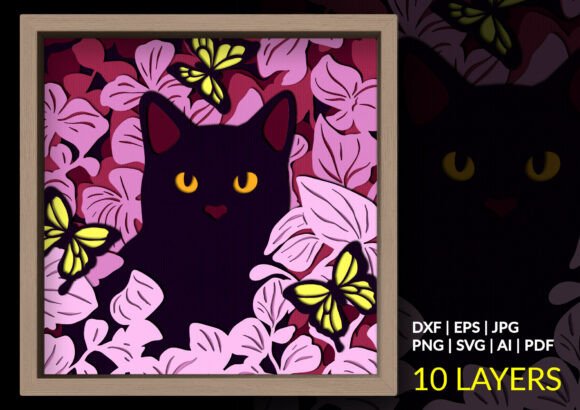 Black Cat Butterfly Shadow Box SVG: 3D Layered Art